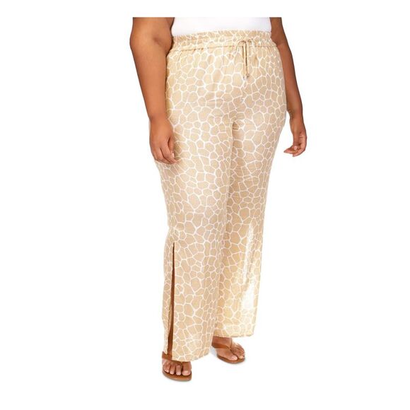 MICHAEL MICHAEL KORS Pants - MICHAEL MICHAEL KORS Womens Beige Stretch Tie Slitted Wide Leg Pants Plus 3X